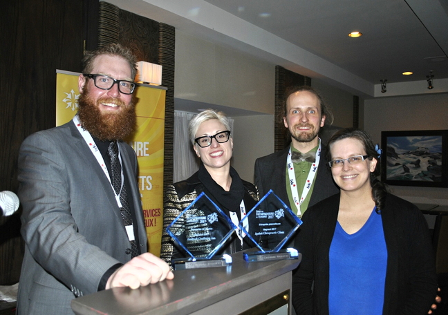 Carrefour Nunavut, a francophone economic development agency based in Iqaluit, celebrated the city’s most successful businesses that offer service in French at the Gala des Entrepreneurs du Nunavut, March 24 at The Discovery hotel. The agency’s executive director Valérie Gagnon, centre, awarded six distinctions to Iqaluit businesses. Among the winners were Louis-Philip Pothier, left, of Inukpak Outfitting, who earned an award for best service organization, and chiropractors Charles Lagacé and Marie-France Talbot, whose Iqaluit Chiropractic Clinic was honoured for best emerging business. “It’s a great thing to be recognized by your peers, and by an organization that supports us,” said Pothier, who started his outdoor-adventure outfitting business in 2011. Winners received $200 gift cards. (PHOTO BY PETER VARGA)
