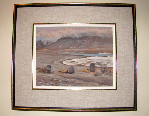 The 1975 painting The Three Franklin Expedition Graves was recently donated to the GN, where it hangs in an Iqaluit office. The painting will join the GN’s fine art collection at the Winnipeg Art Gallery. (PHOTO COURTESY OF THE GN) 