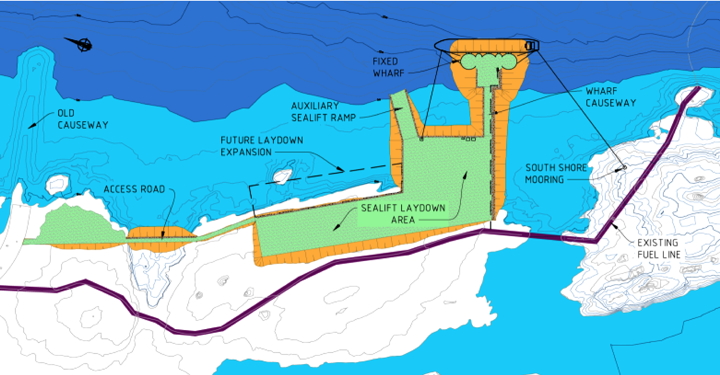 Iqaluit’s deep-sea port will be located at the southwestern tip of Koojesse Inlet. Its features, shown in orange and green in this image, will include a fixed dock where cargo ships will unload their freight and a sealift ramp to unload barges. (IMAGE FROM GOVERNMENT OF NUNAVUT)