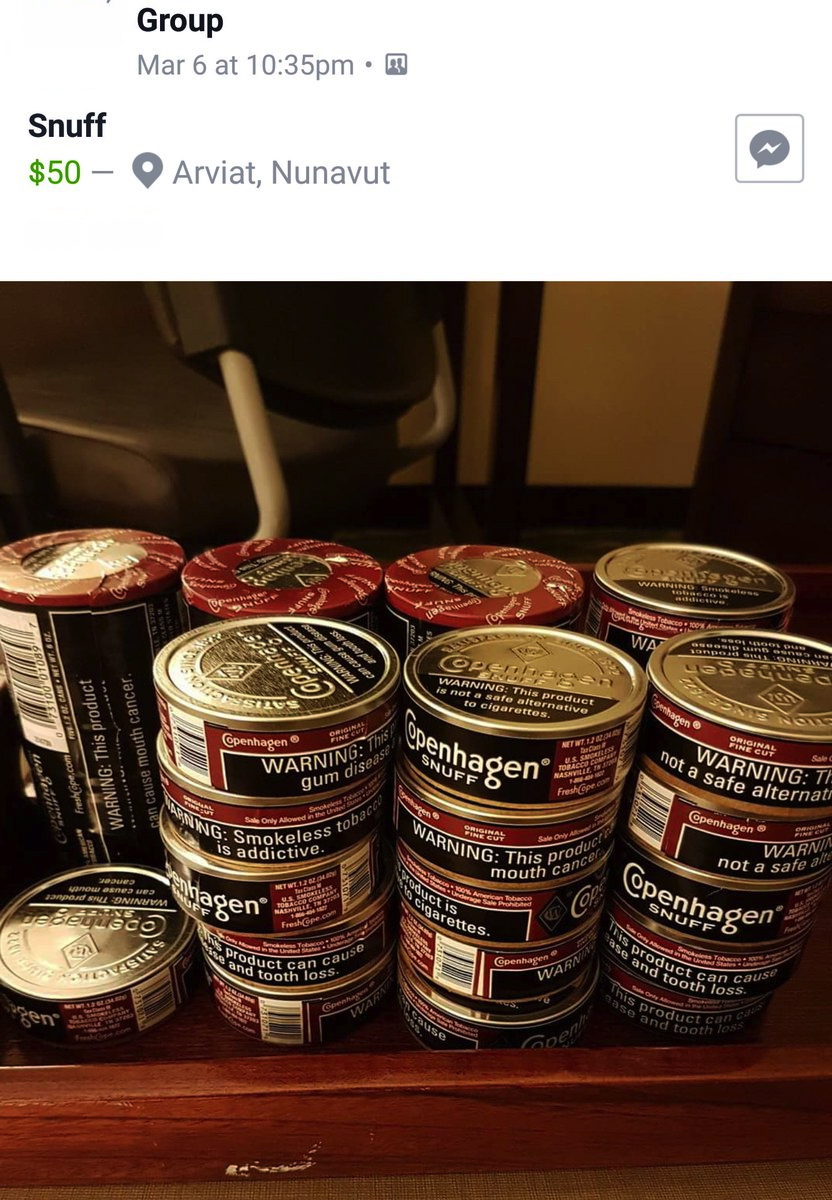 Snuff for sale on the Facebook swap and sell page for Arviat for more than double the price you would pay in Iqaluit. (FACEBOOK/SCREENSHOT)