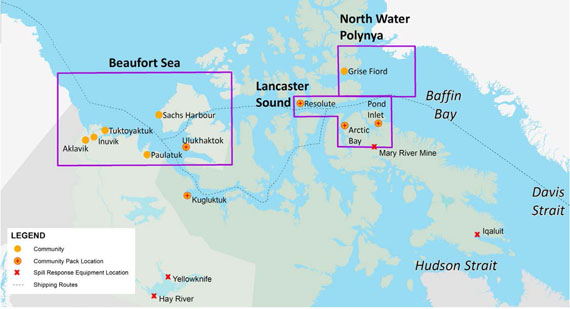 This map shows the areas that the World Wildlife Fund-Canada studied for its report on Canada's capacity to respond to fuel oil spills from ships operating in the Arctic. (WWF IMAGE)