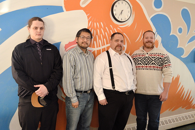 Six candidates are vying for two positions on Iqaluit city council in an April 10 byelection. They met April 5 for an ad-hoc debate at Iqaluit's soup kitchen. From left: Jean-Luc Nevin, Sutheat Tim, Stephen Leyden and Kyle Sheppard. Candidate Noah Papatsie was present at the debate but arrived after this photo was taken. Candidate Dushyenth Ganesan attended the debate by phone. (PHOTO BY STEVE DUCHARME)