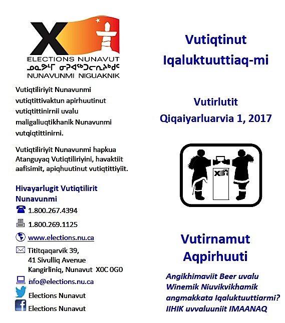 Voters in Cambridge Bay will have access to information, like this brochure, about the May 1 beer-wine store plebiscite in Inuinnaqtun. You can also go to the Elections Nunavut website at www.elections.nu.ca for more information in English and Inuktitut.