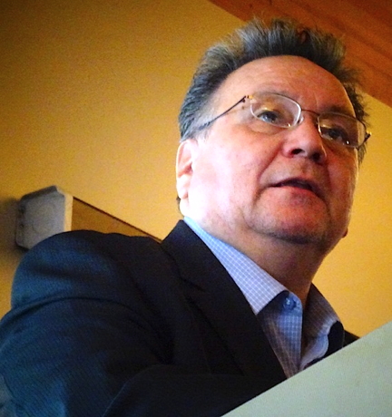 Nunavut Premier Peter Taptuna, speaking to an audience on day one of the Nunavut Mining Symposium in Iqaluit April 4, talks about the importance of the Grays Bay port and road in western Nunavut and an agreement-in-principle on the devolution of government powers from Ottawa to Nunavut, expected before Taptuna's term ends in October. (PHOTO BY JANE GEORGE)