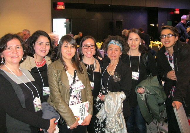 Aaju Peter, Inuit activist and Inuktitut instructor at Nunavut Sivuniksavut in Ottawa, poses with instructor Melissa Irwin and five NS students at the Quebec edition of the Walrus Talks in Montreal, April 11, where the group heard members of the Order of Canada and youth leaders speak on the theme of how to build a “better country.” Over lunch at Intercontinental World Trade Centre, the group heard Sheila Watt-Cloutier, Arctic environmental and human rights advocate, and other speakers offer perspectives on the challenges which Canada faces on the 150th anniversary of Confederation. “The talks were an inspiration to us all,” said Irwin, far left in the photo. To her left are Miranda Qanatsiaq of Hall Beach, Melody Teddy of Tuktoyaktok, Katherine Takpannie of Ottawa, Aaju Peter, Emmeline Ipeelie of Iqaluit, and Michael Pewatualuk of Pond Inlet. (PHOTO BY PETER VARGA)