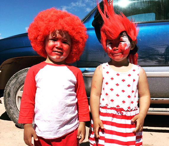 Baker Lake brother and sister Liam and Layla Putumiraqtuq get all decked out for Canada Day celebrations in the Kivalliq community. July 6th also marked the twins 4th birthdays. Happy Birthday from Nunatsiaq News! (PHOTO BY ANDREA TUTANUAQ)