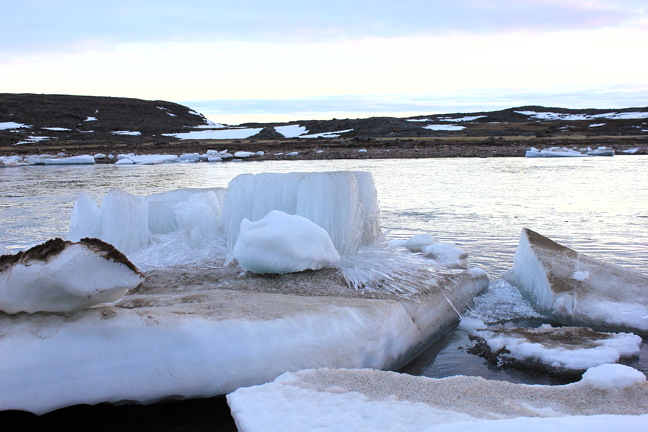 Baleen ice? Chunks of river ice shed crystallized glass-like shards during a mild evening at Sylvia Grinnell Territorial Park in Iqaluit. After four days of snow and rain, Nunavut's capital warmed up to nearly 9 C under sunshine in mid-June. The sun and mild spring temperatures are expected to continue through to the coming weekend in Iqaluit for those keen to get out on the land and see the blossoming tundra. (PHOTO BY LISA GREGOIRE)