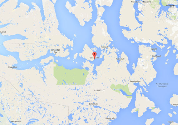 This map shows the location of Gjoa Haven where a man, 30, died June 25 after being stabbed, the Nunavut RCMP said June. 27. (FILE IMAGE)