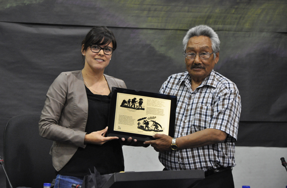 Kativik Regional Government chair Jennifer Munick and regional councillor Sarollie Weetaluktuk hold up a plaque June 1 in Umiujaq for Weetaluktuk to present to the Fédération des Coopératives du Nouveau-Québec (FCNQ), in honour of its 50th anniversary in 2017. The KRG regional council meetings wrapped up June 1. (PHOTO BY SARAH ROGERS)