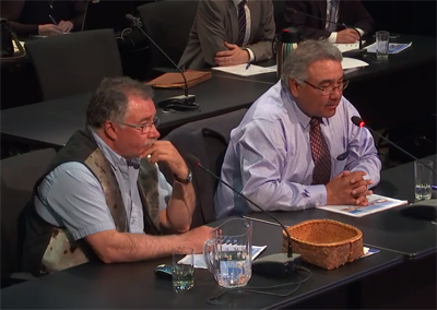 Makivik Corp. president Jobie Tukkiapik, right, speaks to the provincial commission looking at the relationship between Quebec’s Indigenous groups and the province’s public services June 13 in Val d’Or, with Makivik’s communications director William Tagoona at left. 