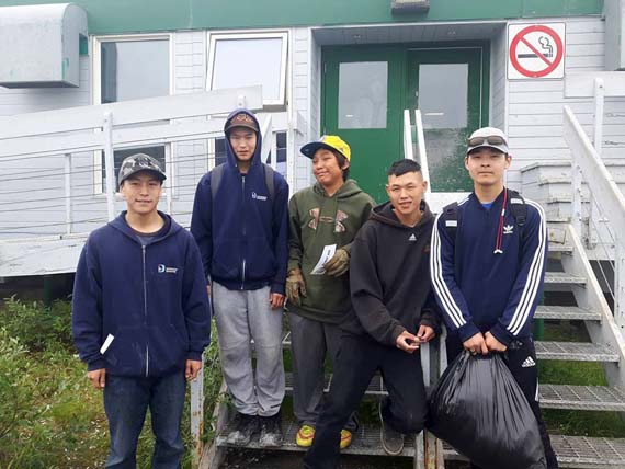 Kugluktuk youth, from left, Joe Robbie Ipakohak, Doyle Elatiak, Ashton Hanak, Matthew Milukshuk and Kendrick Bolt, are attending a peer leadership retreat at Blachford Lake Lodge in NWT. The leadership retreat is led by the SMASH program, which stands for: strength, masculinity and sexual health. The program facilitates traditional skills, games, digital story-telling and drum circles, all while offering high school credits to participants. (PHOTO COURTESY OF MOVING FORWARD TOGETHER)