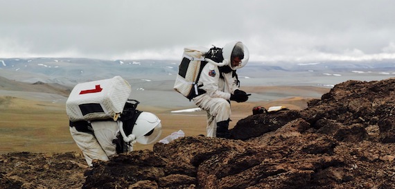 Mars or what? Members of the Flashline Mars Arctic Research Station conduct an EVA or 