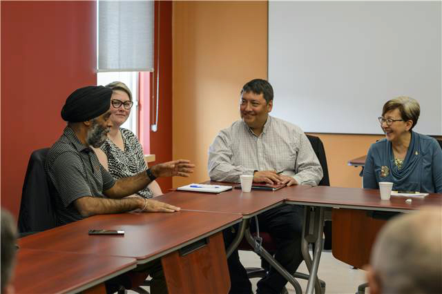 Aug. 25 marks the end of Operation NANOOK, the Canadian Armed Force’s annual northern sovereignty exercise, which was hosted in two locations this year: Labrador and Rankin Inlet. Here, National Defence Minister Harjit Singh Sajjan, left, meets with Kivalliq Inuit Association president David Ningeongan and Commissioner of Nunavut Nellie Kusugak during a visit to Rankin Inlet Aug. 23. (PHOTO BY CPL. D. DUCHESNE-BEAULIEU) 