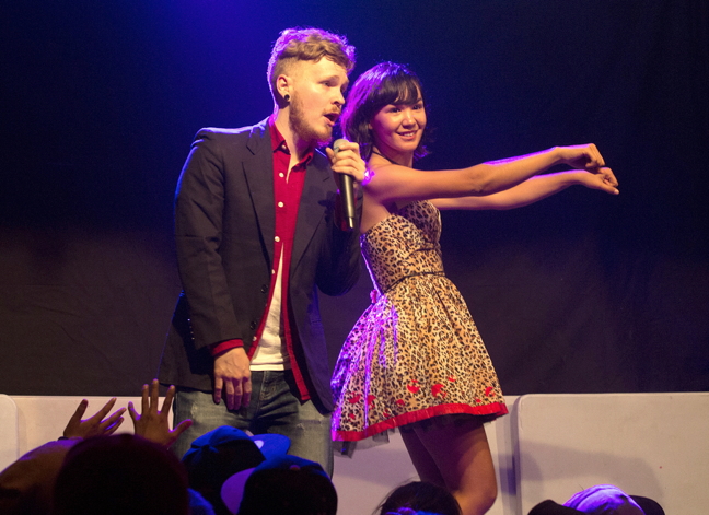 Sanikiluaq singer-songwriter Kelly Fraser and Iqaluit music producer Thor Simonsen take the stage in Arctic Bay as part of a Hitmakerz songwriting workshop Sept. 16, sponsored by Qikiqtani Inuit Association and the Government of Nunavut. For the second year running, Hitmakerz will visit several Nunavut communities to help develop local skills in writing, recording, producting, marketing and selling professional music. 