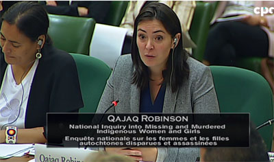Nunavut-raised Qajaq Robinson, one of the inquiry's four commissioners with the National Inquiry into Missing and Murdered Indigenous Women, addresses a House of Commons Standing Committee Sept. 21.