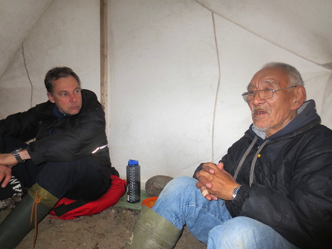 Carleton University professor Stephan Schott, left, and Simon Okpakok, interpreter and research collaborator, camping on the land with Okpakok's family and others, in September 2016. (PHOTO COURTESY STEPHAN SCHOTT)