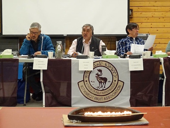 Kitikmeot Inuit Association President Stanley Anablak speaks at the annual general meeting of the organization, which took place Oct. 16 to Oct. 18 in Cambridge Bay. Near the end of the AGM, Anablak shared the news that the KIA had reached agreement on the terms for the land tenure and Inuit benefits for the Back River gold mine project in the Kitikmeot region. (PHOTO BY JANE GEORGE)