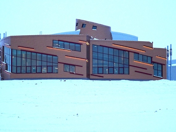 The main science building of the Canadian High Arctic Research Station features lights on the outside which are meant to evoke the northern lights. (PHOTO BY JANE GEORGE)