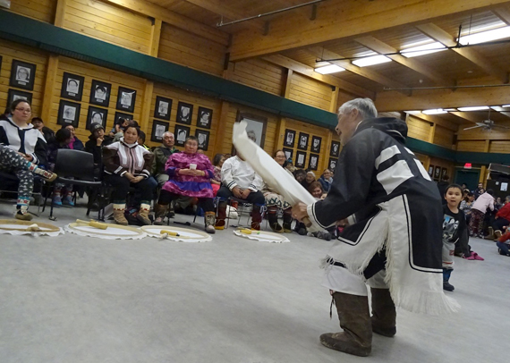 Attima Hadlari of Cambridge Bay drum-dances Oct. 18 at the Kitikmeot Inuit Association's community feast, held in Cambridge Bay's Luke Novoligak Community Hall. The drum-dancing capped off the official launch of Huqqullaarutit Unipkaangit or 