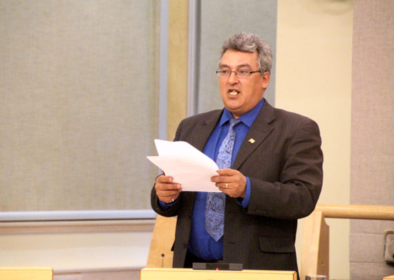 Simeon Mikkungwak addresses the legislature in the outgoing government's final sitting last month. He is running for a second term in Baker Lake. (FILE PHOTO) 