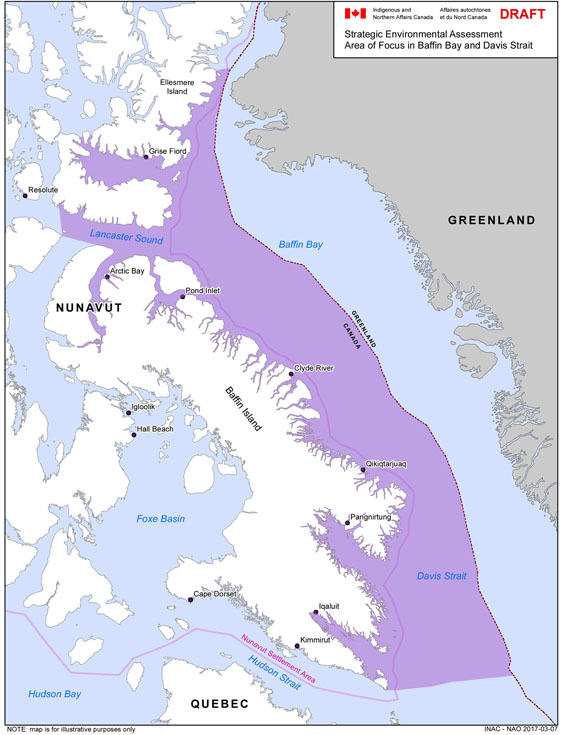 This draft map shows the approximate area that the Nunavut Impact Review Board's strategic environmental assessment of Baffin Bay and Davis Strait will cover. (FILE PHOTO)