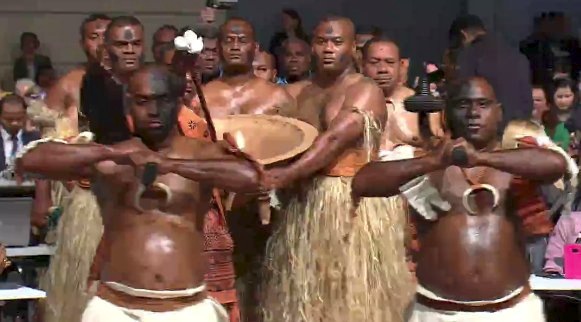 Fijian warriors perform a traditional welcoming ceremony at the plenary of the COP23 climate talks on Nov. 6 in Bonn, Germany. Fiji's prime minister, Frank Bainimarama, is presiding over the gathering. 