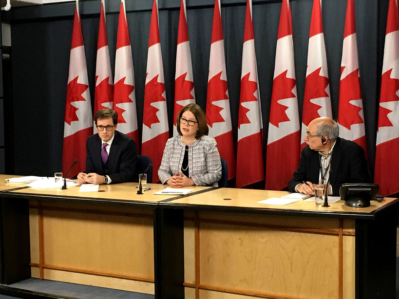 Jane Philpott, the minister of Indigenous Services, speaks to reporters in Ottawa yesterday, with Jean-François Tremblay (left), the deputy minister of Indigenous Services. (HANDOUT PHOTO)