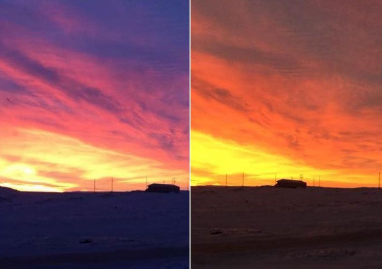 Same sunrise; different colours: Irene Allukpik Scott enjoys a good sunrise. She photographed this one outside her home in Kugluktuk Jan. 14. The first pink-hued photo was snapped at 10:15 a.m., Scott said, and the second orange-coloured shot just moments later. (PHOTO BY IRENE ALLUKPIK SCOTT)