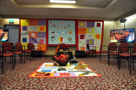 The room is set for the opening ceremony of the National Inquiry into Missing and Murdered Indigenous Women and Girls community hearing in Rankin Inlet. The ceremony began on Monday, Feb. 19 at 4 p.m. at the Siniktarvik hotel. Hearings begin on Tuesday, Feb. 20 and run until Thursday, Feb. 22. (PHOTO BY SARAH ROGERS)