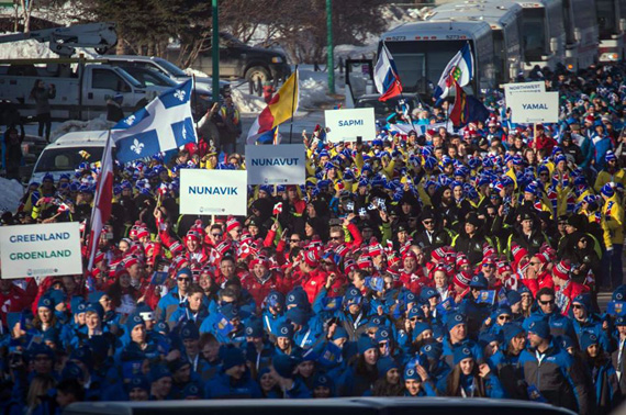 Team Nunavut and Team Nunavik-Quebec athletes are seen walking into the opening ceremonies of the 2018 Arctic Winter Games March 18 in Hay River, NWT. (PHOTO COURTESY OF TNQ/KRG)