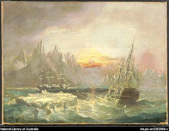 A painting of Sir John Franklin's HMS Erebus and HMS Terror, circa 1850, by E. W. Cooke. The United Kingdom, which owns the ships, announced this week it would make a gift of them to Canada, but plans to retain some of the artifacts found therein. (FILE PHOTO/NATIONAL LIBRARY OF AUSTRALIA)