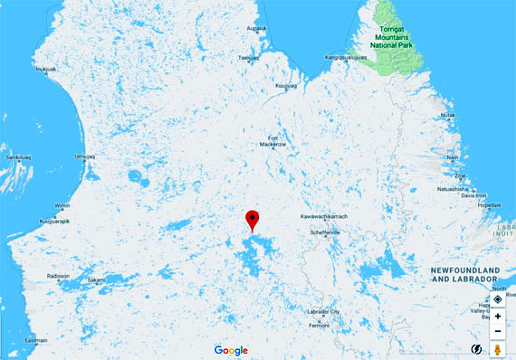 The red marker indicates the location of the Duplanter spill-way, which controls the release of water flowing from the Caniapiscau reservoir into the Caniapiscau River, a tributary of the Koksoak River. (IMAGE COURTESY OF GOOGLE MAPS)