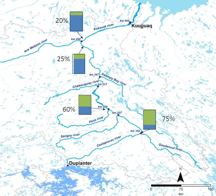 This map shows the average June inflows along the Caniapiscau and Koksoak Rivers. The blue represents non-regulated water, while the green indicates water flow from the Duplanter spill-way. (IMAGE COURTESY OF HYDRO-QUEBEC)