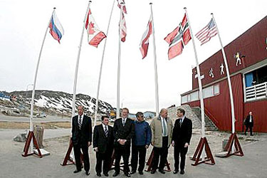 Representatives of five Arctic states, as well as Hans Enoksen, then the premier of Greenland, pose for a picture during the Greenland meeting in May of 2008 that produced the Ilulissat Declaration. (FILE PHOTO)