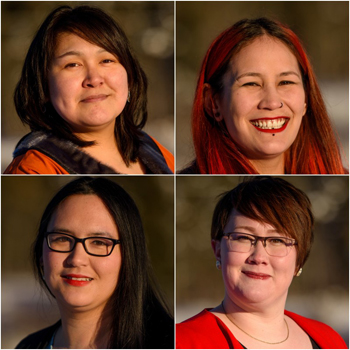 The Gordon Foundation's group of 15 Jane Glassco Northern fellows for 2018–9 includes, clockwise from top left, Hilda Snowball from Kangiqsualujjuaq, Laura Arngna'naaq from Yellowknife, Megan Pizzo-Lyall from Rankin Inlet and Kaviq Kaluraq from Iqaluit. (IMAGES COURTESY OF GORDON FOUNDATION)