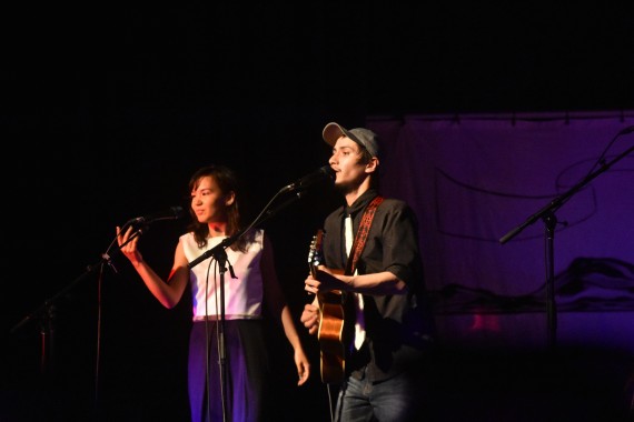 Arviat's Agaaqtoq, who usually plays his Inuktitut folk music solo, performed a song with pop singer Kelly Fraser when he opened the Let's Rock concert in Iqaluit on Sunday, July 1. It was an older song that they had written together years ago. (PHOTO BY COURTNEY EDGAR)