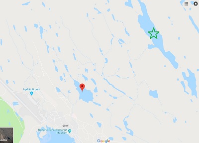 A freshwater researcher suggests there are a number of deep lakes outside the city of Iqaluit, like the one marked in green here, which have enough capacity to replenish its Lake Geraldine reservoir, indicated by the red marker. (GOOGLE MAPS IMAGE)