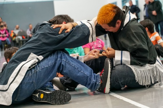 Two youth take part in a finger-pull competition during Inuit games, Oct. 4, in Resolute Bay. The games were part of a full day of events to promote mental health awareness. (PHOTO COURTESY OF PARKS CANADA)