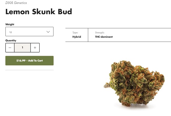 One of the four products currently offered at Tweed.com is a THC-dominant hybrid strain called Lemon Skunk, available at $16.99 a gram. 
