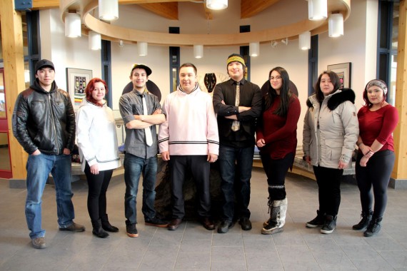 The seven young Nunavut artists who won the third annual Qilaut song contest in 2017 stand at the legislature in Iqaluit last March with David Joanasie, the minister of culture and heritage. (FILE PHOTO)