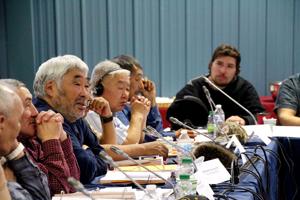 When Inuit kill polar bears in self-defence, those kills should not be subtracted from community harvesting quotas, the Pond Inlet HTO representative, Charlie Inuaraq (navy blue shirt, on the left,) said at a public hearing hosted by the Nunavut Wildlife Management Board in Iqaluit this week. (PHOTO BY BETH BROWN)
