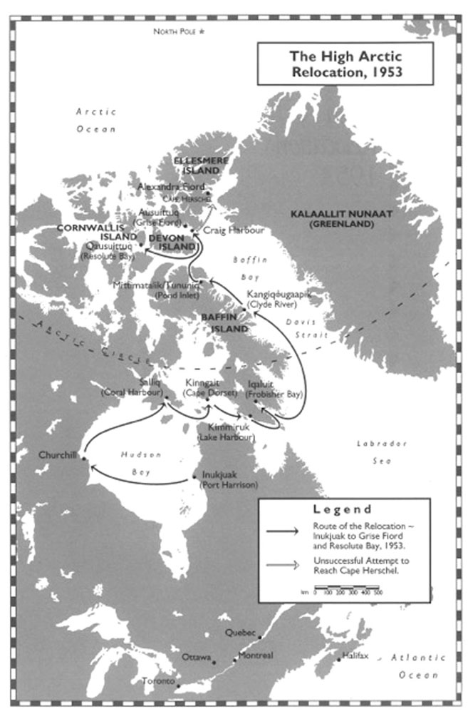 This map shows the long voyage that the C.D. Howe took in the summer and early fall of 1953, when the government vessel carried the first group of High Arctic exiles from Inukjuak to Cornwallis Island and Ellesmere Island. (ROYAL COMMISSION ON ABORIGINAL PEOPLES)