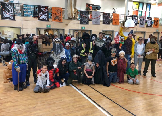 The winning costumes from the 2018 Halloween parade, plus a few photo bombers, are on display in the Jaanimmarik School gym in Kuujjuaq on Wednesday, Oct. 31. (PHOTO BY ISABELLE DUBOIS)