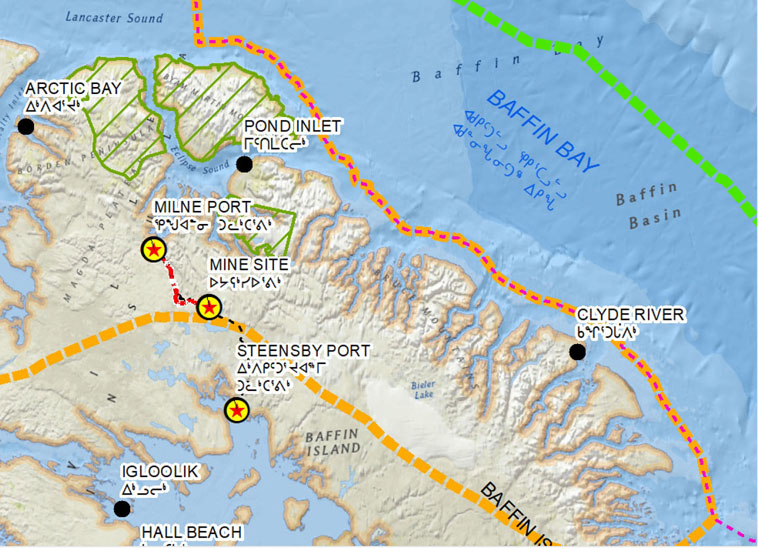 This map, supplied by Baffinland Iron Mines Corp., shows the full extent of the company's future expansion plans: one railway running north to Milne Inlet and another running south to Steensby Inlet with an eventual annual production of 30 million tonnes of iron ore per year. 