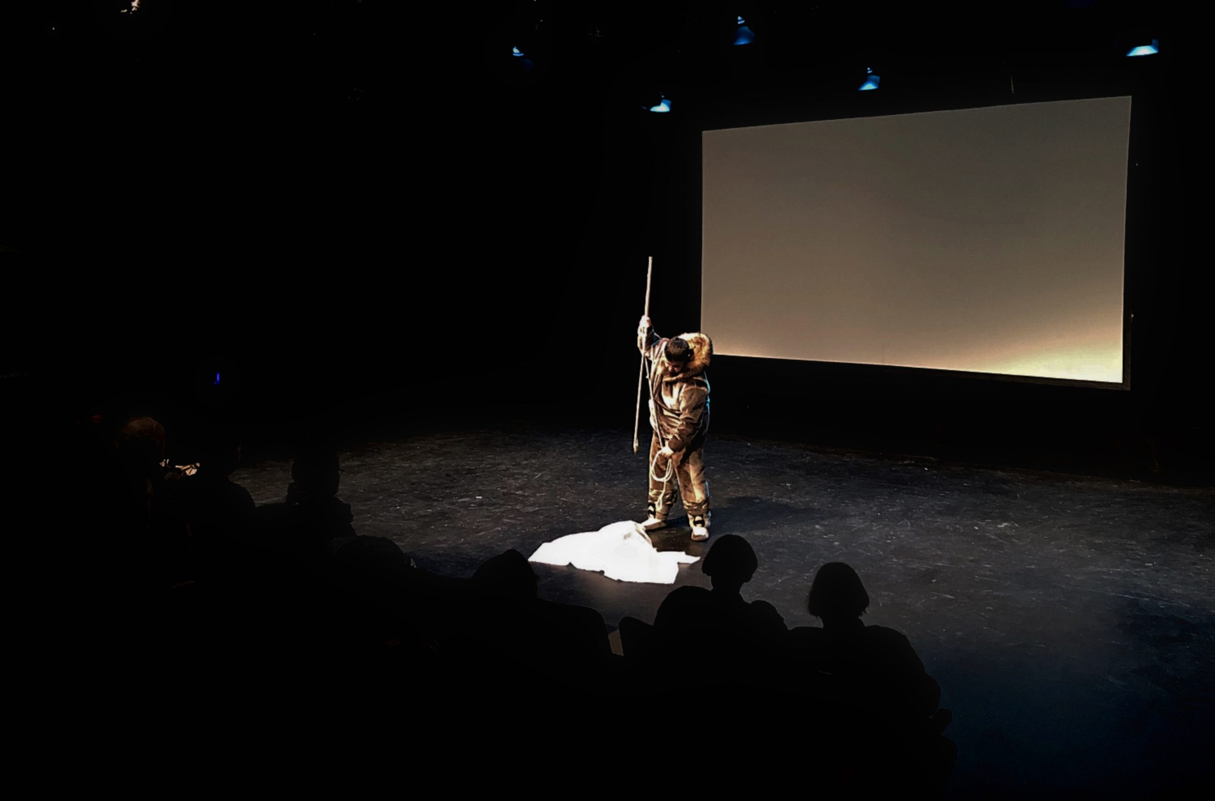 Nunavut Sivuniksavut presented “The Inuit Story: A Dramatization” at Ottawa’s Arts Court Theatre on March 5 and 6. The play helped students raise funds for their end-of-year cultural exchange trip. In two hours, students told the story of the Inuit’s role in Canadian (and pre-Canadian) history, from pre-contact to modern efforts in revitalization. The multi-media show featured live acting, music performances, video and slideshows, and was presented in English and Inuktitut. At the end of their March 6 matinee performance, the students paid special tribute to Peter Ittinuar, the first Inuk member of Parliament, who was in the audience. (Photo by Kahlan Miron)