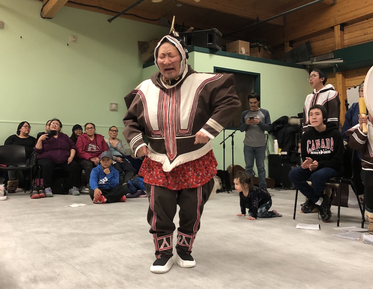 Drum dancers from around Nunavut’s Kitikmeot and Kivalliq regions, including Julia Ogina, seen here, will perform in Cambridge Bay tonight from 7 p.m. to 9 p.m. at Kullik Elementary School. Other nightly performances are also planned later in the week. During the day the drum dancers plan to meet and record their songs, for a follow-up to 2018’s Huqqullaarutit Unipkaangit or “Stories Told Through Drum-Dance Songs,” a book prepared for the Kitikmeot Inuit Association, which Ogina co-ordinated. (Photo by Jane George)