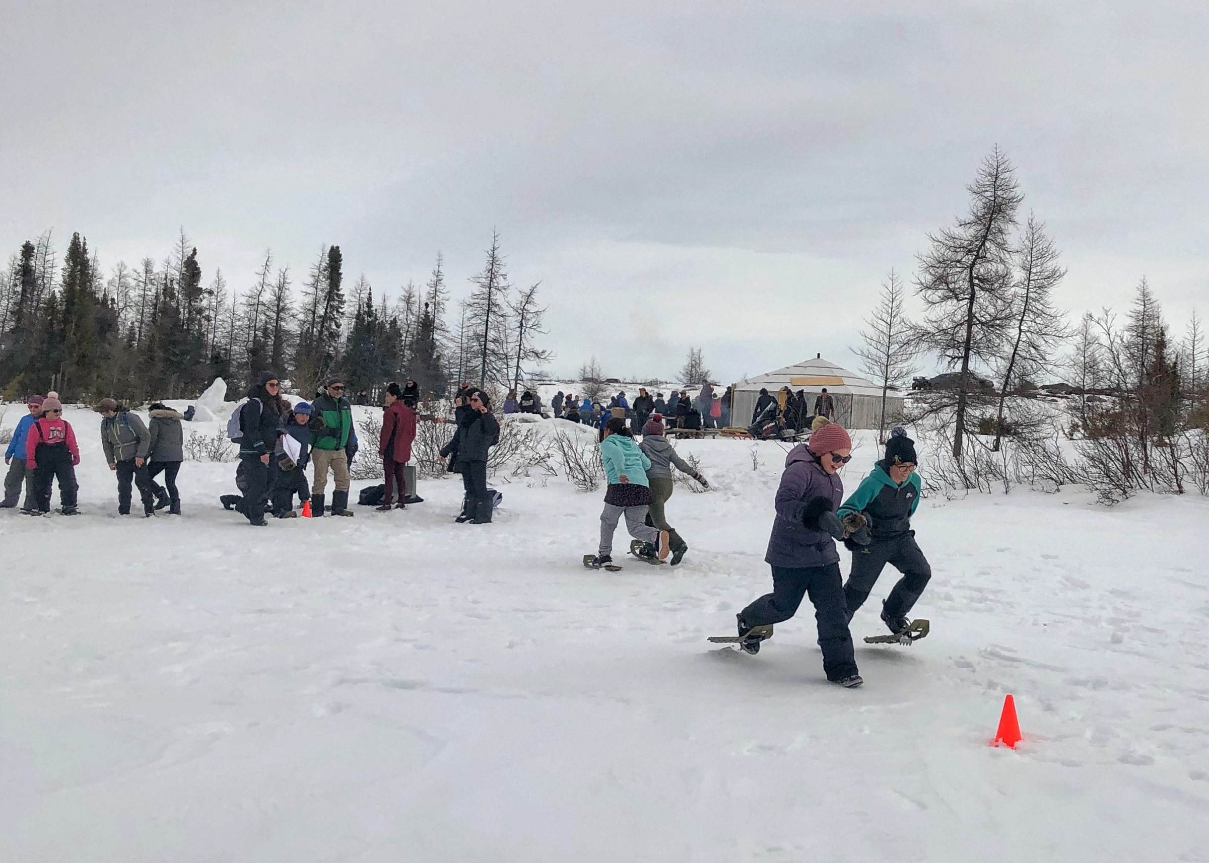Students compete in a snowshoe race during Jaanimmarik School’s trip to Three Lakes, just outside Kuujjuaq, on April 18. Students played spring games throughout the day, like Inuit baseball and ayagaq, and afterwards enjoyed a picnic. (Photo courtesy of Isabelle Dubois) 