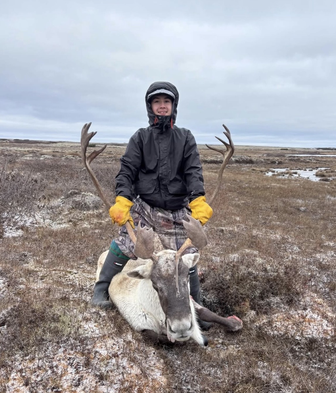 Sixteen-year-old Felix Suppa of Kuujjuaq harvests a caribou on Oct. 11, at the remote Mays Lake camp. He traveled there alongside hunters Jessie Mesher and Gus David, while his great-grandfather, Johnny May, piloted the plane. Asked how long Felix has been hunting, his mother, Alice Suppa, said “Since he could remember, I think.” (Photo courtesy of Alice Suppa)